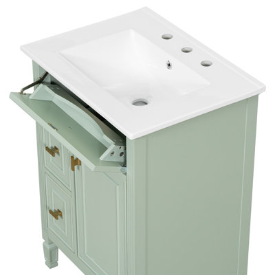 Meuble-lavabo de 24 pouces avec lavabo, armoire en bois massif et panneau de fibres à densité moyenne avec un tiroir rabattable, deux tiroirs standard et une tablette réglable, meuble-lavabo vert autoportant pour le rangement de la salle de bain (ancien SKU: N725P350824F)