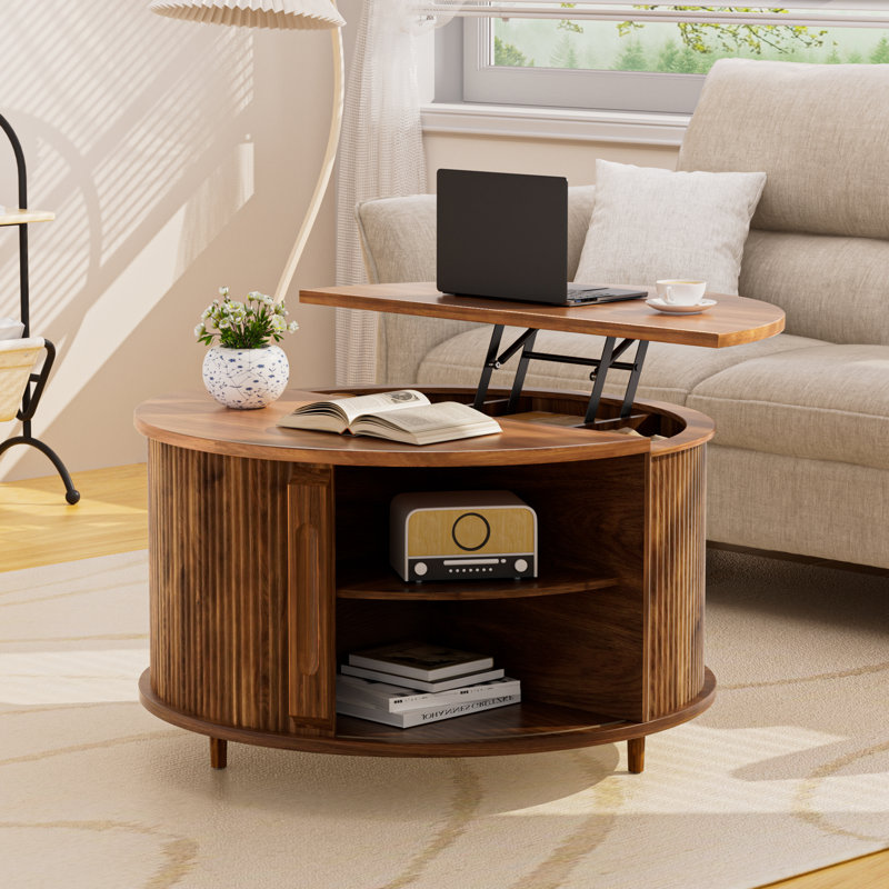 Round Coffee Table Lift Top with Storage and Sliding Door, 31.5" Mid Century Fluted Small Center Table for Living Room, Walnut