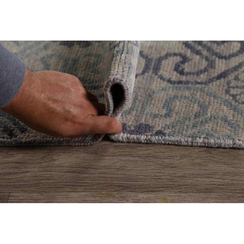 Tapis gris en laine noué à la main de conception unique 9 pi x 12 pi New Age
