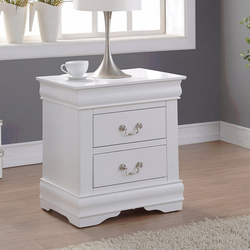 Table de chevet en pin massif avec 2 tiroirs au fini blanc, Blanc