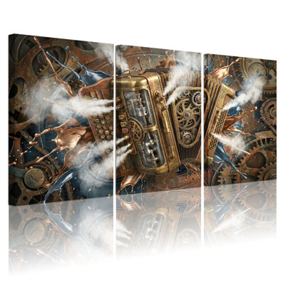 Ensemble de 3 tableaux muraux Steampunk sur toile tendue, représentant des engrenages mécaniques et de la vapeur