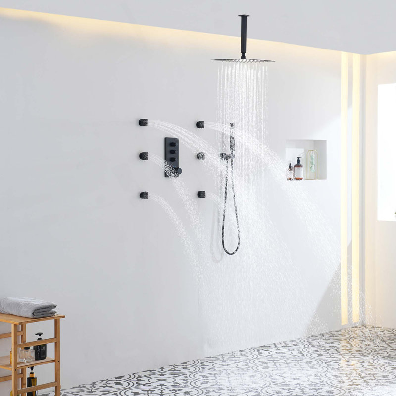 3-Functions 12" Ceiling-Mounted Thermostatic Shower System, Black