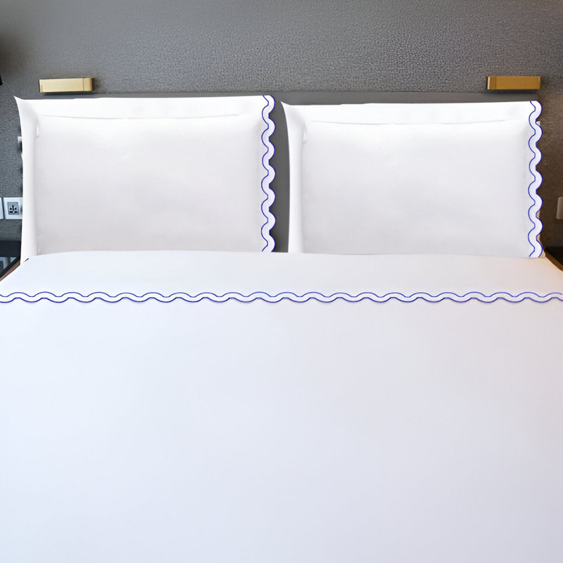 400TC Reverse U Shape Embroidery Cotton 4 Piece Sheet Set Fitted Sheet Fits Upto 16" Deep Pocket, White/Navy Blue
