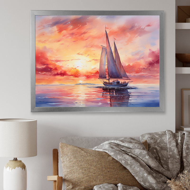 Voiliers pastel couleurs coucher de soleil III - Bateau à voile, art mural, Cadre de coin argenté fermé