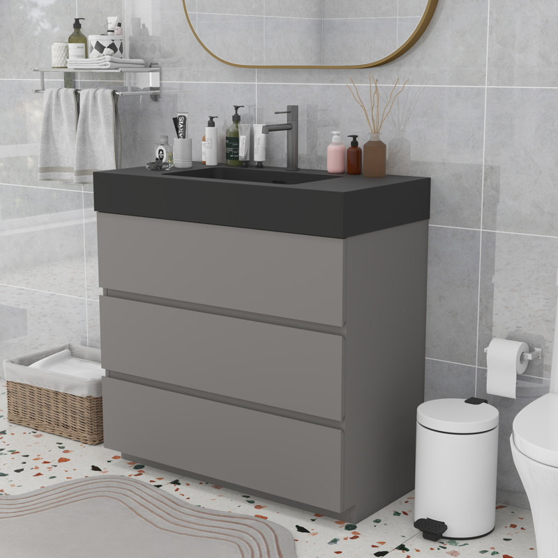 Meuble-lavabo moderne avec lavabo, Gris, Noir