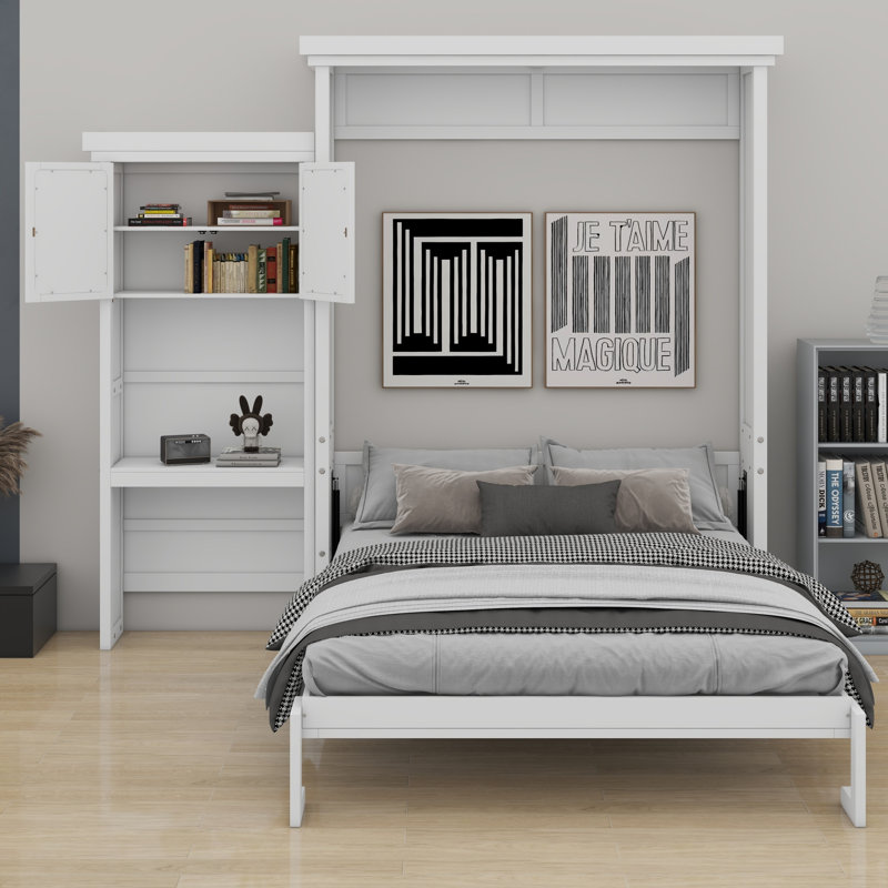 Structure de lit escamotable moderne avec décoration à persiennes et tablettes de rangement intégrées, White