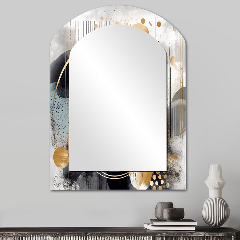 Or et gris, formes modernes, minimalisme II - miroir décoratif arqué abstrait sur métal, 34 po x 25 po