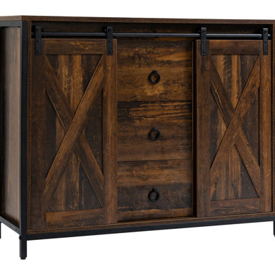 Buffet Cabinet - Rustic Brown Industrial With Sliding Barn Doors, Three Drawers, Adjustable Shelves For Home Decor Cabinet, Drawers And Dining Area