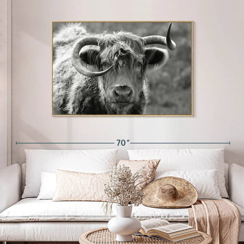 Monochrome Highland Cow, 46" X 31", Floating Frame Natural Wood