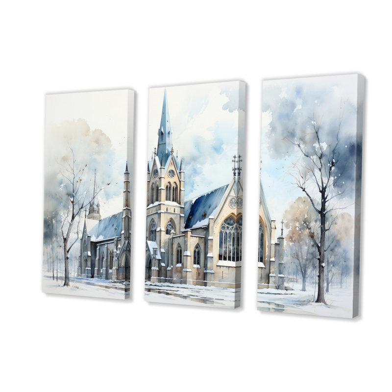Église minimalisme harmonie sur toile, 3 pièces, H 28 po x l 36 po x P 1 po