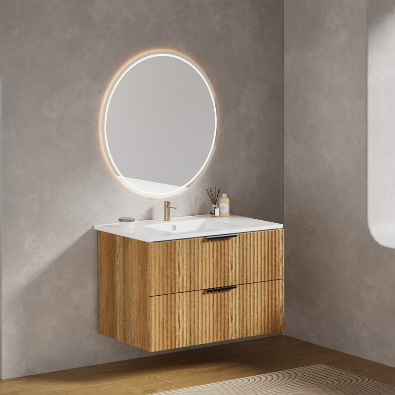 30" & 36" Wall-Mounted Floating Single Bathroom Vanity Set With White Integrated Ceramic Sink And Vertical Fluted Drawers (Hardware Included)