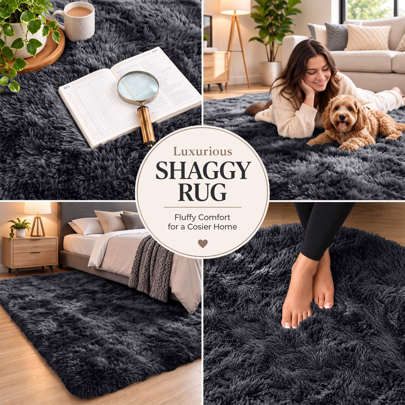 Rectangle Shaggy Washable Area Rug, Black, Rectangle 200 x 290 cm