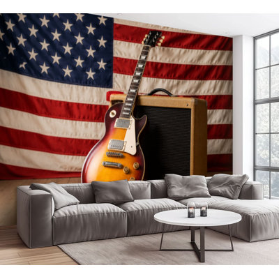 Wall Mural Peel and Stick Wallpaper American music guitar flag Self-Adhesive Removable Contact Paper Wall Decor for Living Room Bedroom 100"H x 144"W