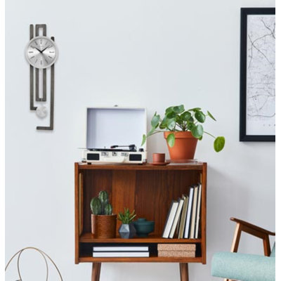 Newport Modern Pendulum Wall Clock with Silver Dial & Wood Frame, C3384