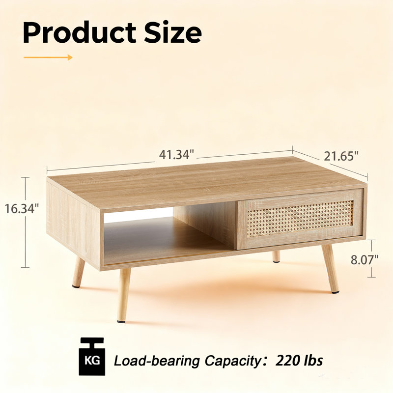 41.3" Rectangular Engineered Wood Coffee Table with Rattan Sliding Door, Oak, Oak