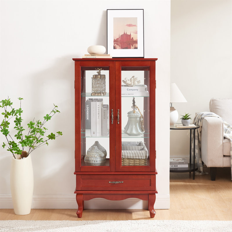 Cherry Lighted Glass Display Cabinet with Adjustable Shelves