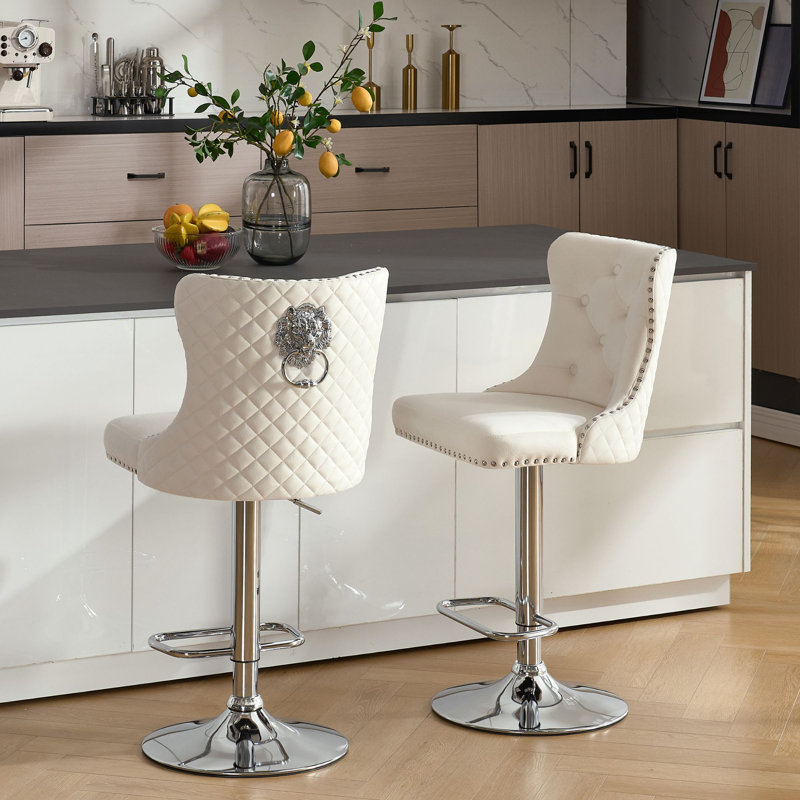 Tabouret de comptoir pivotant à hauteur réglable avec structure en métal, Argent argent, Crème