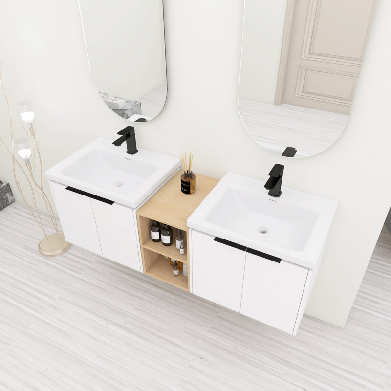 Meuble-lavabo double 59,64 po avec plateau en céramique Nalynn