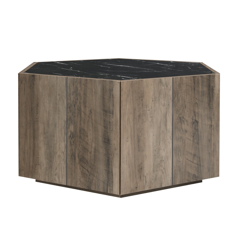 Almira Rustic Retro Wood Coffee Table With Marble Pattern Tops And Hidden Storage Drawers, Black/Light Brown