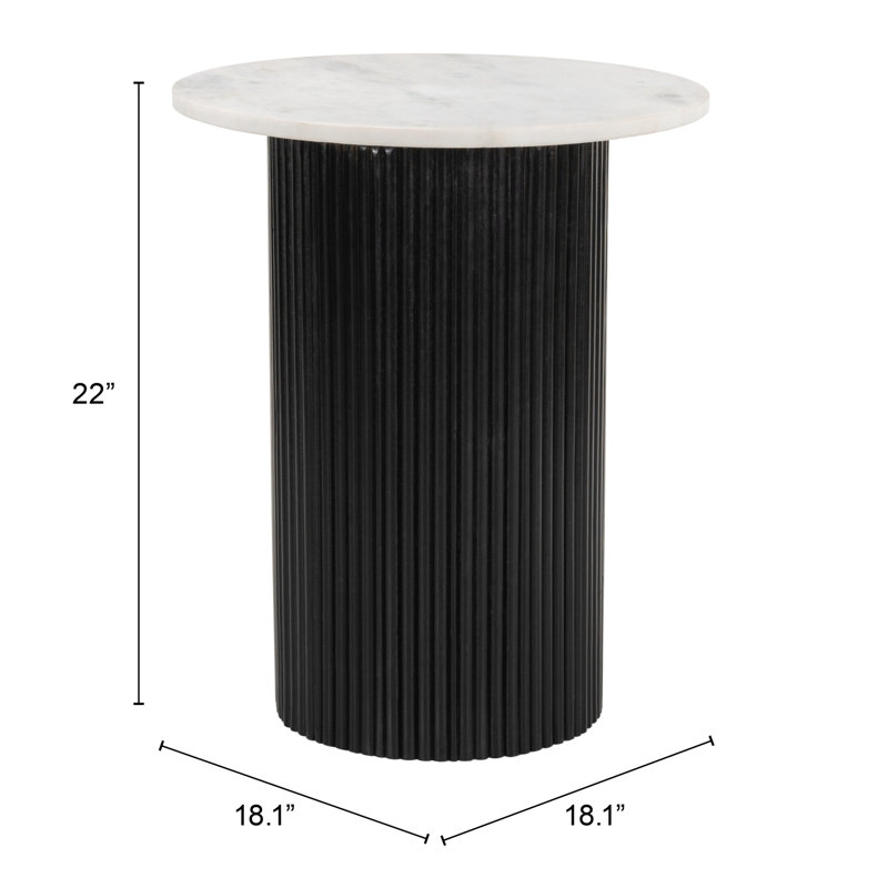 Round Black Wood Drum Base Marble Top End Table