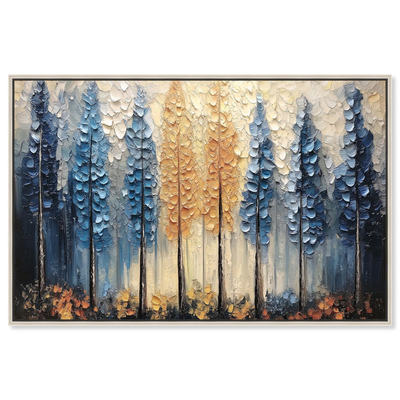 «Dusk & Dawn Trees», art floral bleu par Art Remedy, Cadre argenté, H 17 po x l 25 po