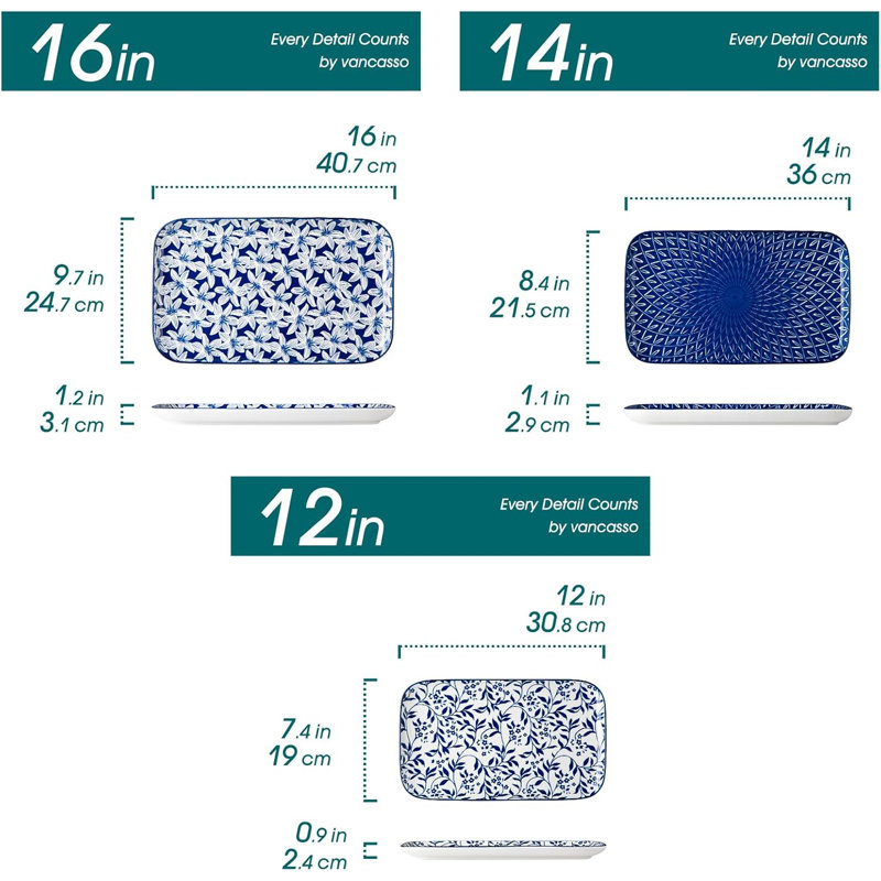 Ensemble de plateaux de service de 3 plateaux rectangulaires de 16 po / 14 po / 12 po - Plateau de service très grand