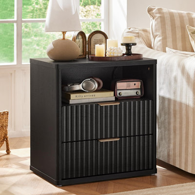 Fluted Nightstand with Charging Station, 23" Wide 2 Drawers Night Stand, End Table with Open Storage,Farmhouse Bed Side Tables, Wood Dresser for Bedroom, Living Room, Closet