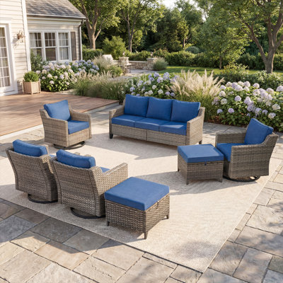 Arlene 7-Piece Outdoor Courtyard Wicker Sofa & Multi Rotating Chair Conversation Set With Ottomans