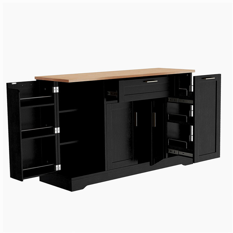 Buffet de rangement multifonctionnel Trexm, table de salle à manger extensible, tablettes réglables, support coulissant à 3 niveaux, îlot de cuisine pour la cuisine, la salle à manger et le salon (noir)