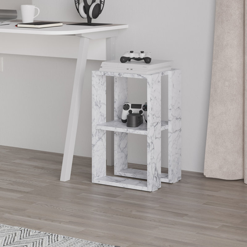 Modern 2-Tier Nightstand, Carrara Marble Color, 11.8 x 21.7 x 11.8 inches | 100% Melamine Coated Particle Board, Thickness: 0.7 inches | Stylish & Functional Storage Solution for Bedroom & Living Room, Durable Design