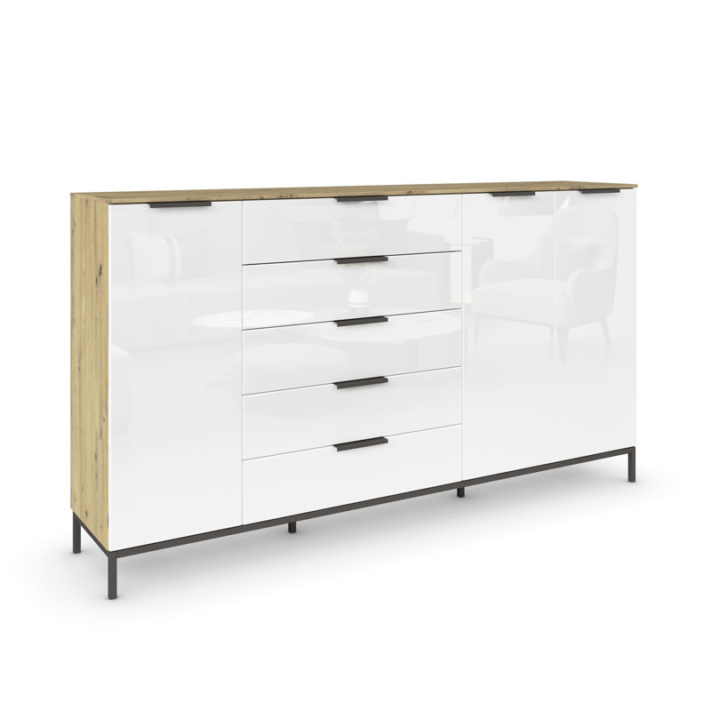 Flipp 5 - Drawer Chest of Drawers, Artisan Oak/White Glass/Graphite