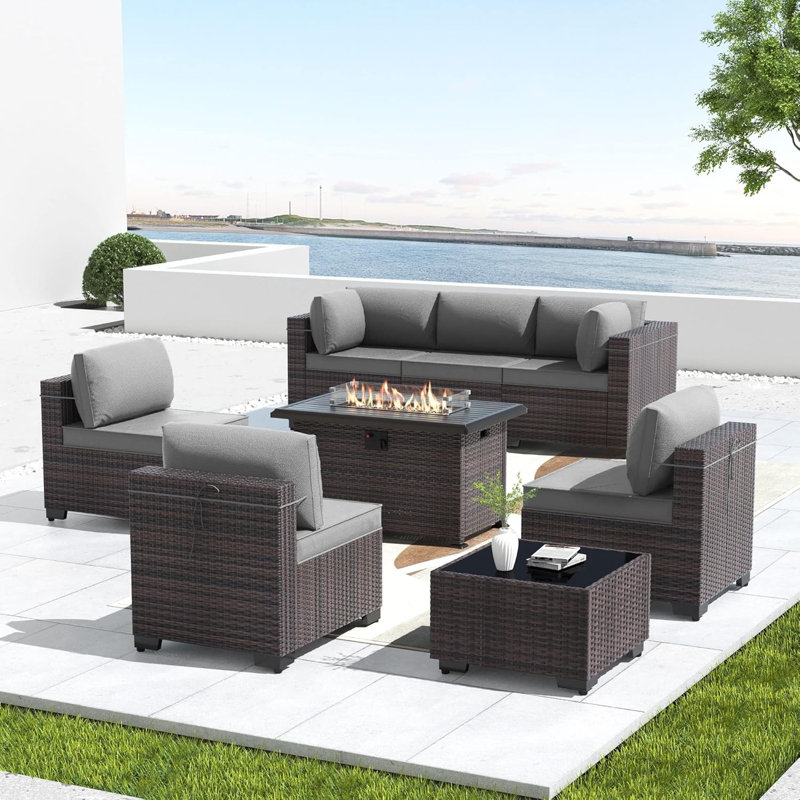 Yasmina 8-Pieces All-Weather Wicker Outdoor Conversation Sets With 55,000 BTU Fire Pit Table And Cushions, Gray