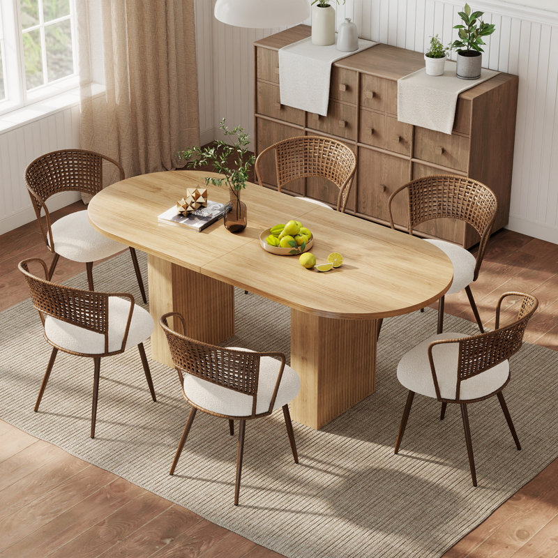 Ensemble de table de salle à manger ovale avec plateau en bois aggloméré 62,9 po et 4 à 6 chaises, Jaune, Blanc / Brun