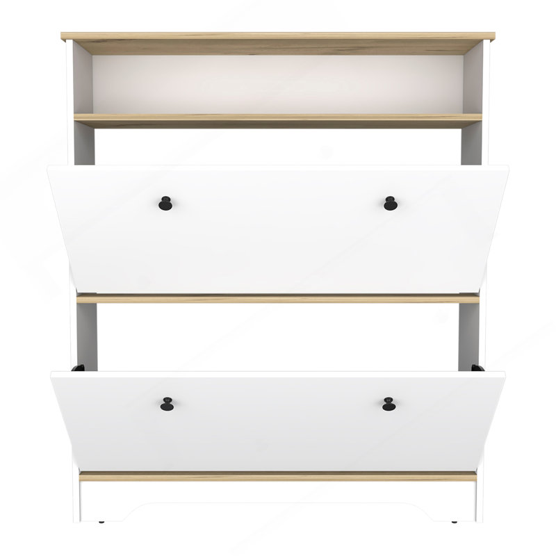 Range-chaussures H 46 po, une tablette de rangement ouverte, deux tiroirs de rangement internes, deux portes, chêne clair / blanc