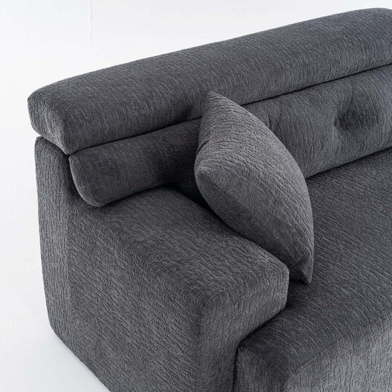 Canapé modulaire 4 places avec tissu en chenille grain de bois et 2 coussins, Gris foncé