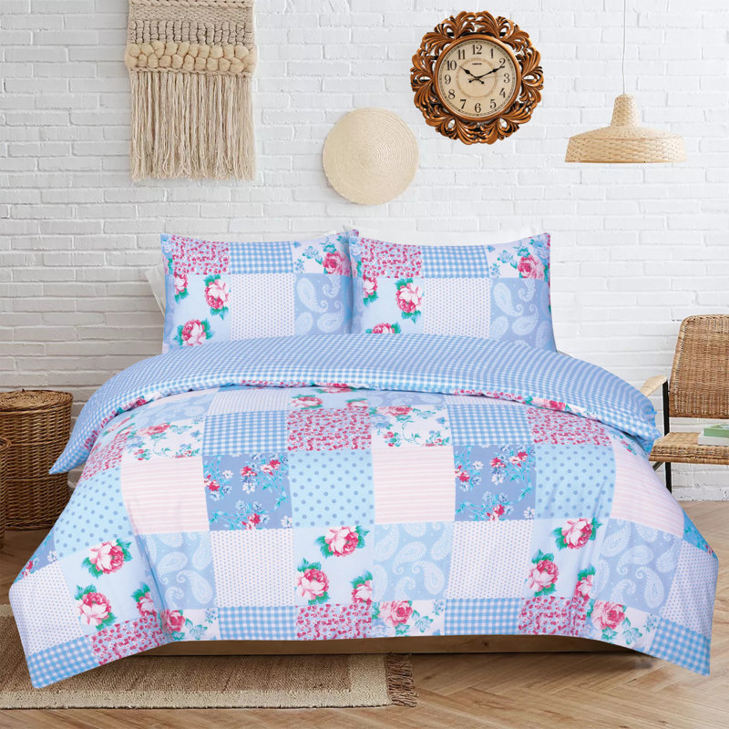 Morticia Cotton Blend Patchwork Duvet Cover Set with Pillowcases, Blue, Super King - 2 Standard Pillowcases