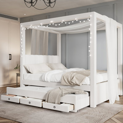 Structure de lit à baldaquin tapissier avec lit gigogne simple et 3 tiroirs de rangement, lit à baldaquin en tissu de lin avec tête de lit à canal vertical, support à lattes de bois, aucun sommier nécessaire, blanc crème