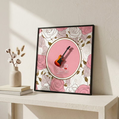 15.75" X 15.75" Framed Wall Art — Pink Floral Guitar Decorative Wall Décor With Textured Design