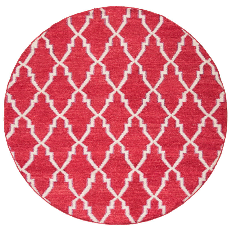 Stahl Hand Woven Flat Weave Wool/Cotton Geometric Rug in Red/Ivory, Round 6'