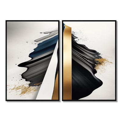 Black And Gold Cubic Expression VII - Large Abstract Cubism Wall Decor 2 Pieces