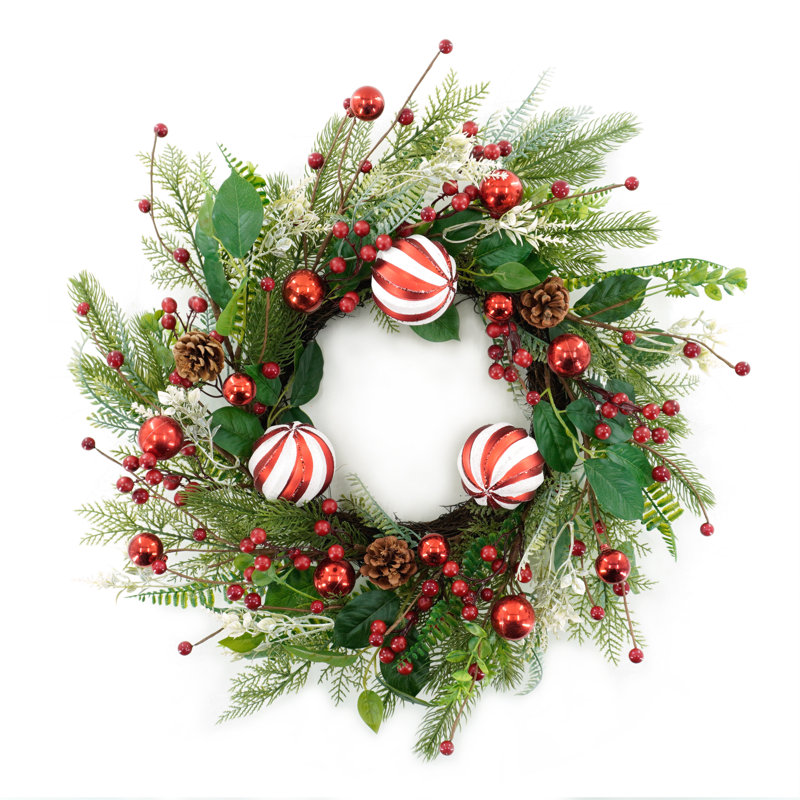 22"Red and White Glossy Decorative Balls with Berries and Pinecones Soft Pine Needle Christmas Wreath