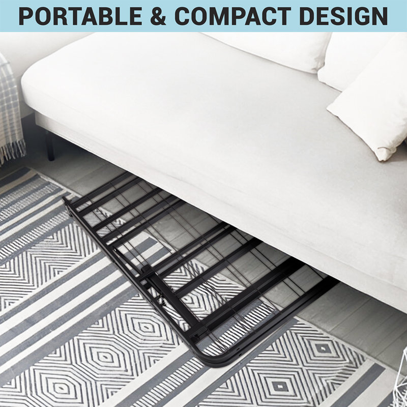 Twin Black Metal Foldable Bed Frame with Headboard and Slats