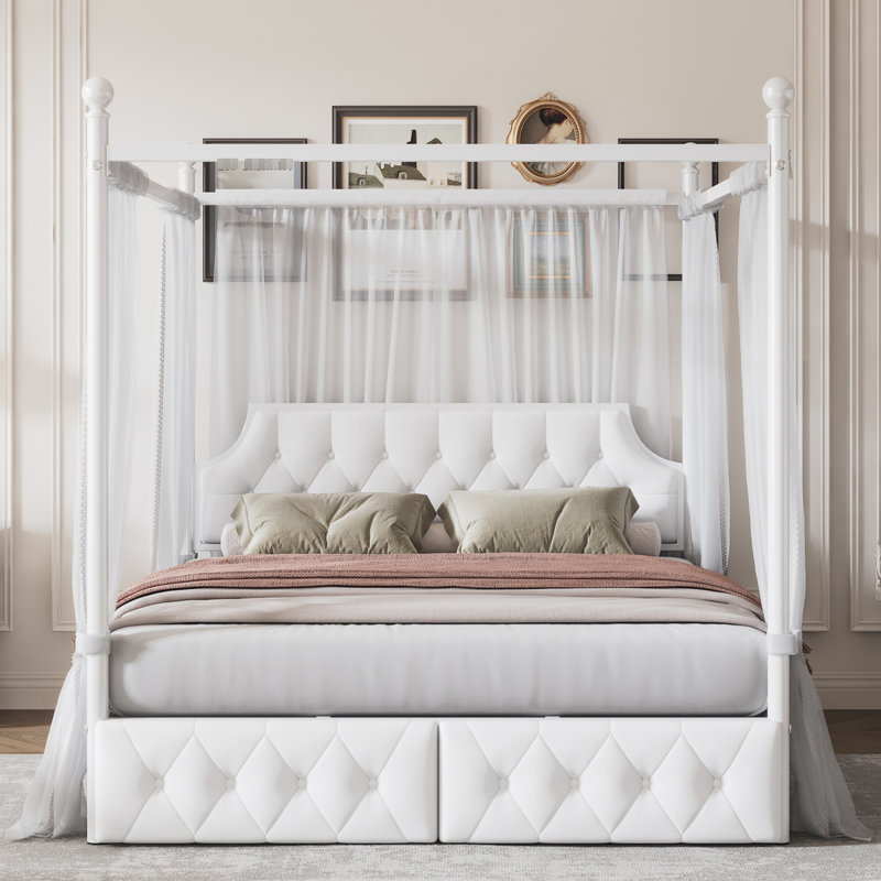 Lit plateforme à baldaquin en métal blanc pour grand lit avec tête de lit tapissier, 2 bacs de rangement et 2 armoires