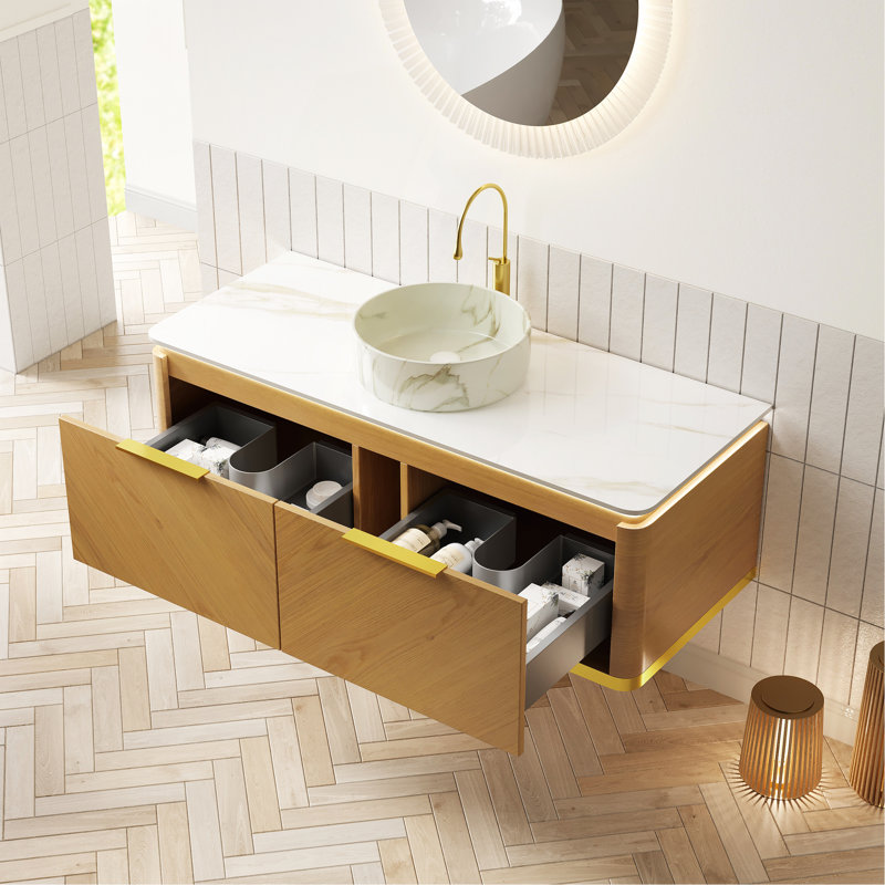 Meuble-lavabo de 48 po avec lavabo en contreplaqué flottant avec 2 tiroirs, capteur de lumière, vasque en céramique blanche à motif de pierre et plateau en pierre frittée, pré-assemblé, couleur grain de bois de chêne Corolla