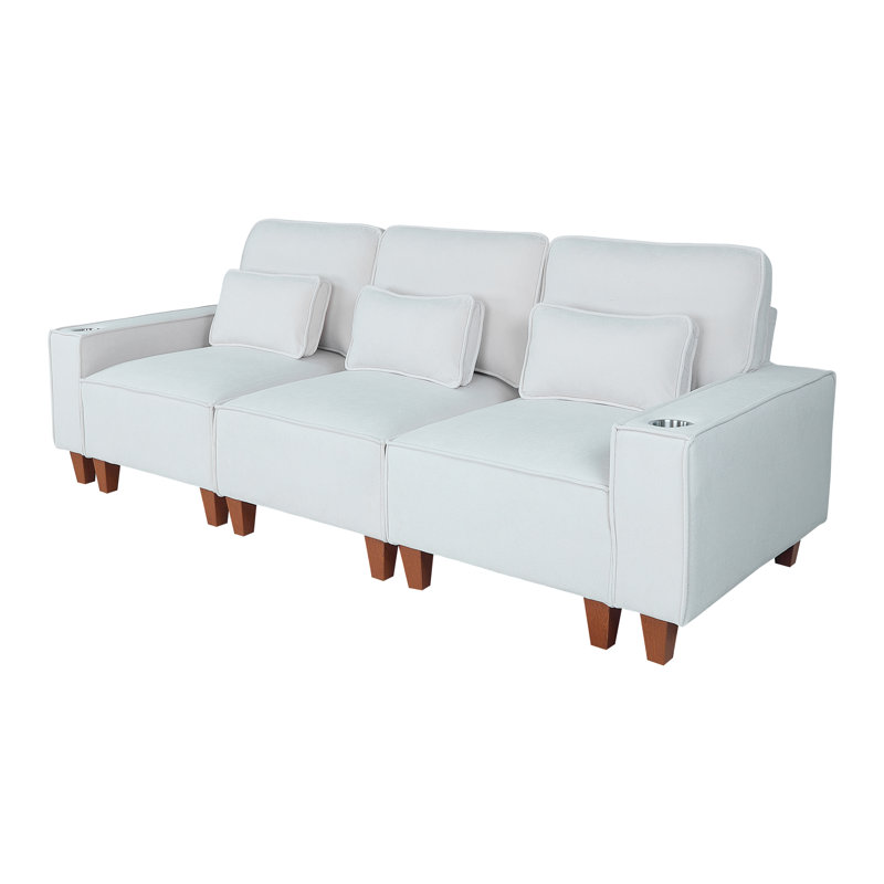 Chenille Deep Seat 3-seater Sofa With Brushed Stainless Steel Cup Holders And 3 Accent Pillows – Spacious Modern Comfort