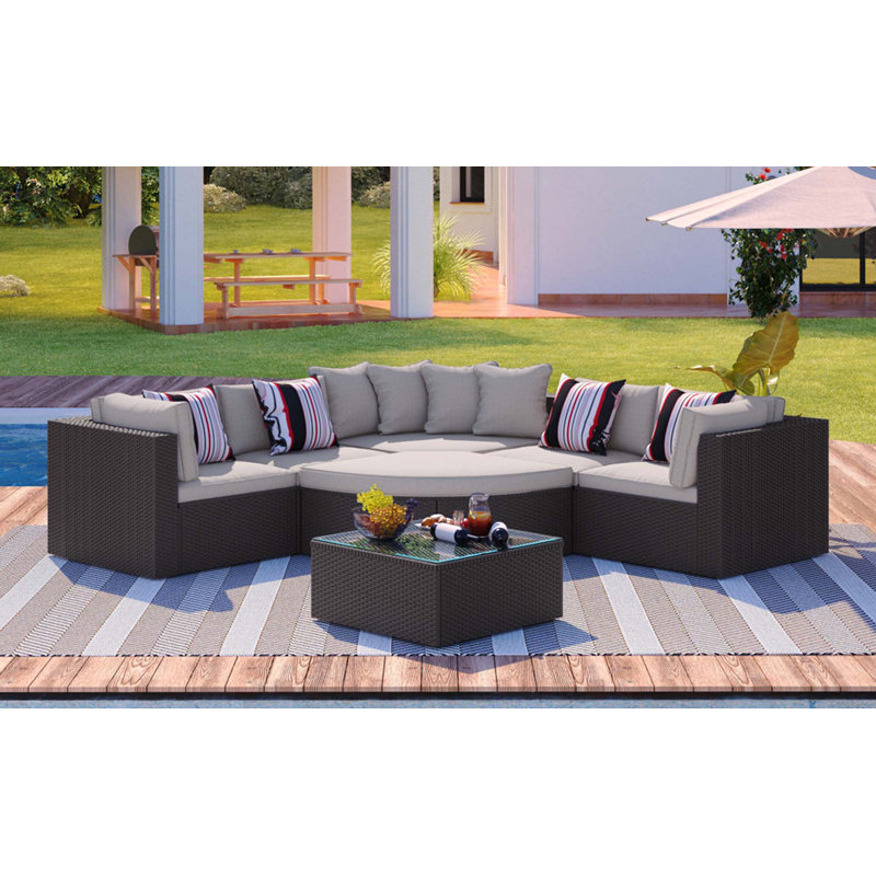Ensemble de canapé d'extérieur en osier 7 pièces avec coussins, Beige clair
