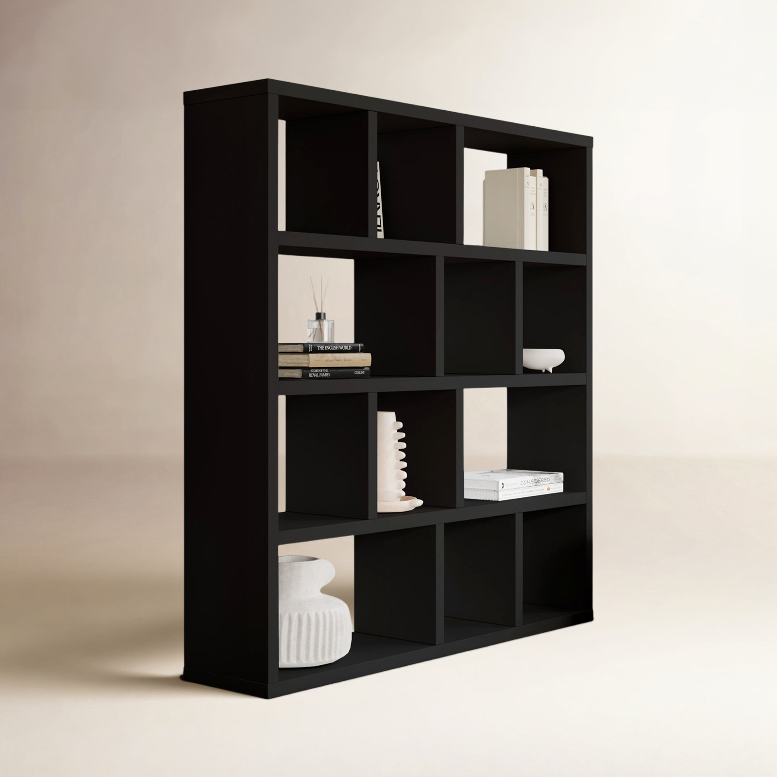 Stetson Wood Bookcase, (4 Shelves) 63" H x 59" W x 13" D, Pure Black