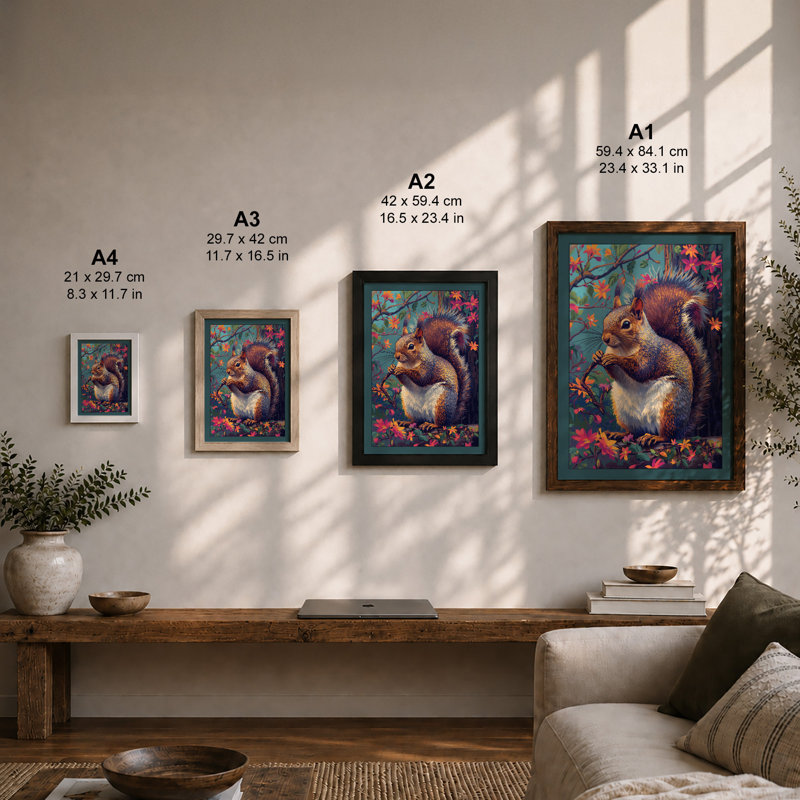 Squirrel Among Flowers Boho - Framed Print, A2 - 59.4 x 42.0 cm, Unframed