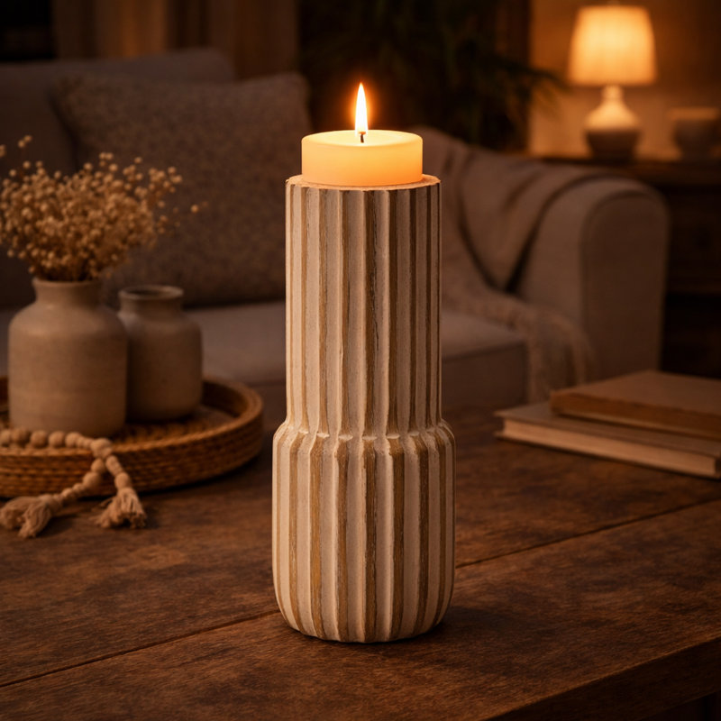 Wood Candle Holder | Decorative Wooden Candle Holder | Whitewash Finish | 4x8", 8" H X 4" W X 4" D