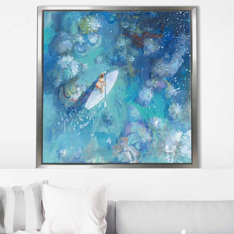 «Paddle Board Exploration I» par Danhui Nai, reproduction, Cadre flottant argent, H 21,5 po x l 21,5 po x P 2 po